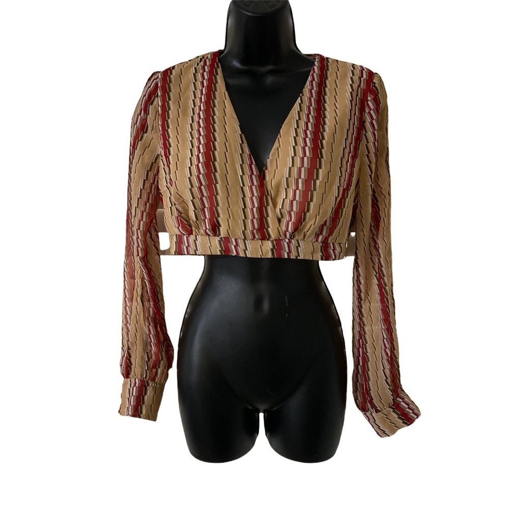 Papaya crop top  M Red and tan  Stripe deep v 100% polyester